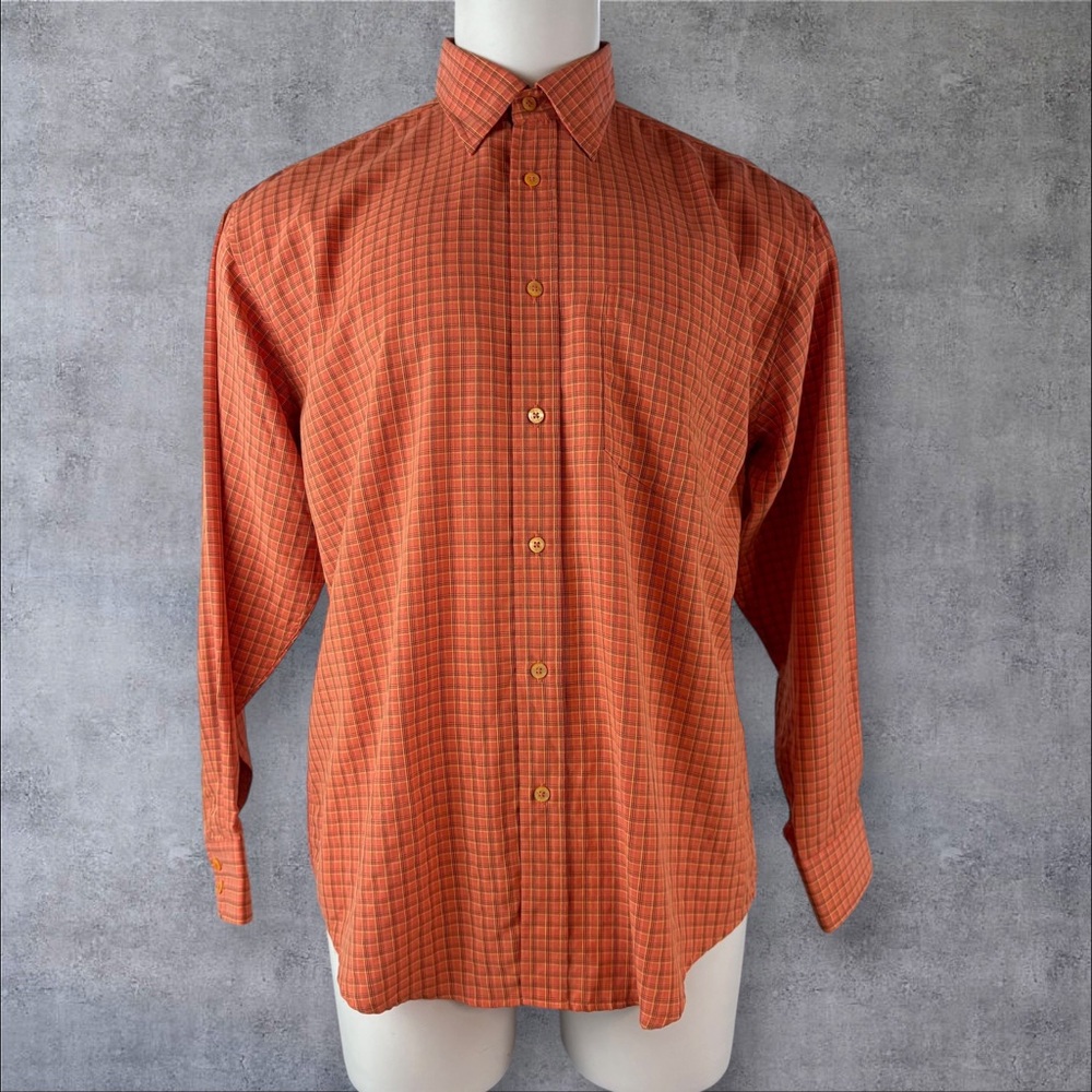 BUGATCHI Button Down Mens L Orange Gingham Long Sleeve Preppy (800)